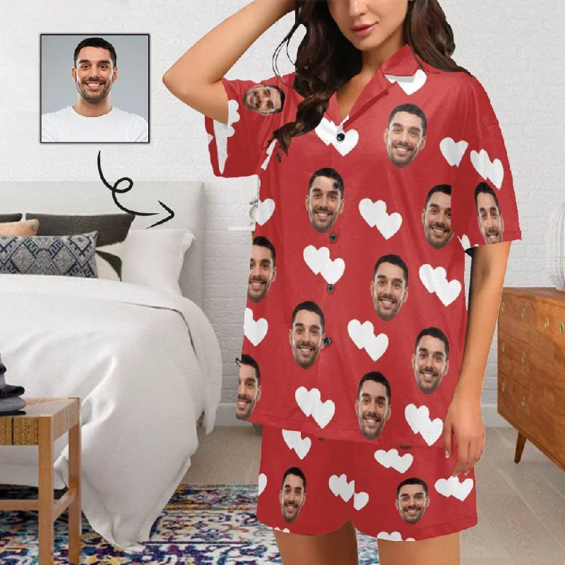 women's nightgowns with a unique embroidery detailPersonalized Pajamas with Photo Sleepwear Custom Face Double White Love Women's V-Neck Short Pajama Set