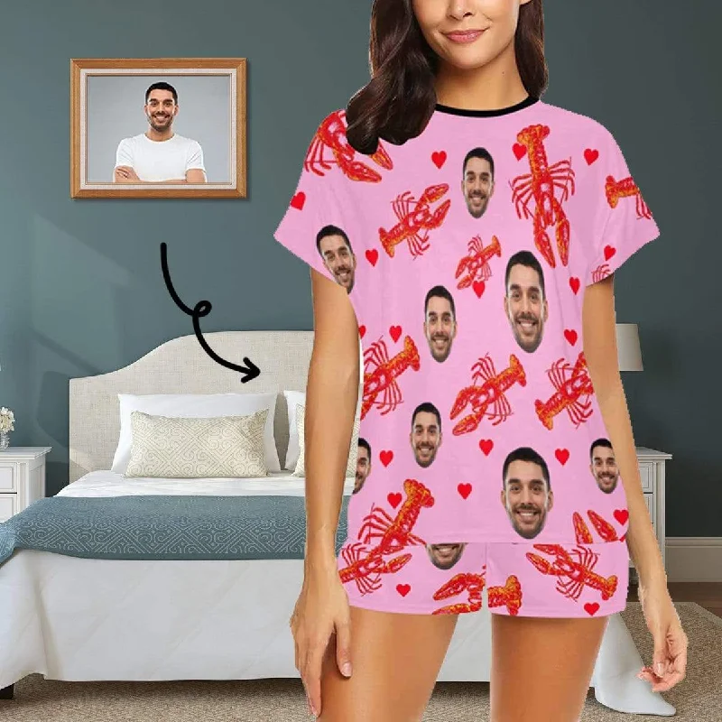 women's sleepshirts with a thermal lining[Limited Time Discount - Lowest Price] Custom Face Pajamas Red Lobster Loungewear Personalized Women's Short Pajama Set