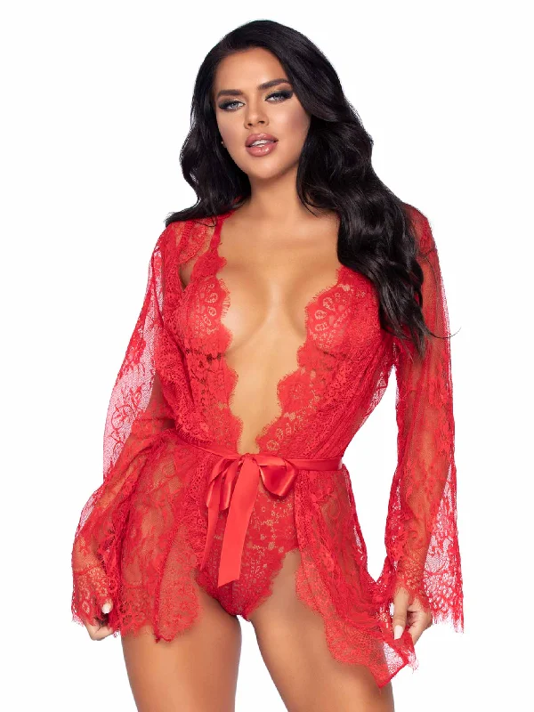 women robes with thermal - regulating properties3 Pc Lace Teddy, Matching Robe and Tie Red