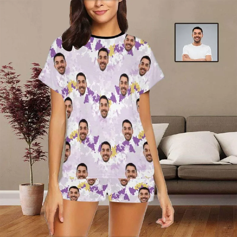 women's sleepshirts with a thermal lining[Limited Time Discount - Lowest Price] Custom Face Pajamas Tie-dye Violet Sleepwear Personalized Women's Short Pajama Set