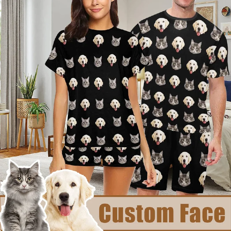 women's nightgowns with a color - blocking patternPRICE DROP-Custom Pet Face Couple Pajamas Personalized Dog&Cat Couple Matching Crew Neck Short Pajama Set