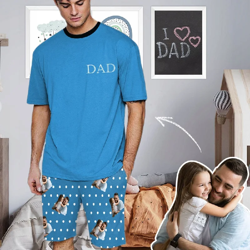 women's nightgowns with a matching robe#Father's Day Pajamas-Custom Dad Photo Blue Men's Crew Neck Short Sleeve Pajama Set