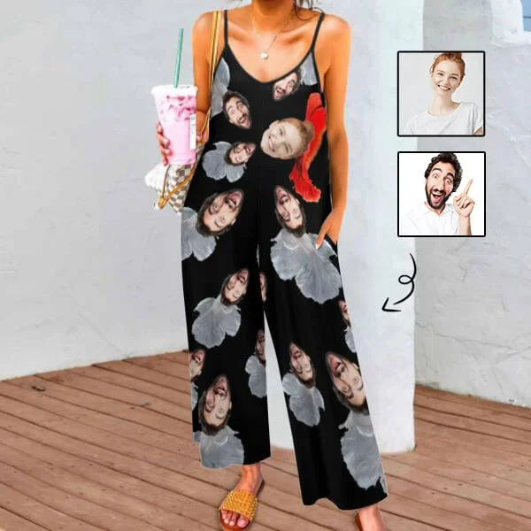 women's nightgowns with a unique embroidery detailPersoanlized Sleepwear Custom Couple Face Loungewear with Photo On Them Mermaid Women's Suspender Jumpsuit Loungewear