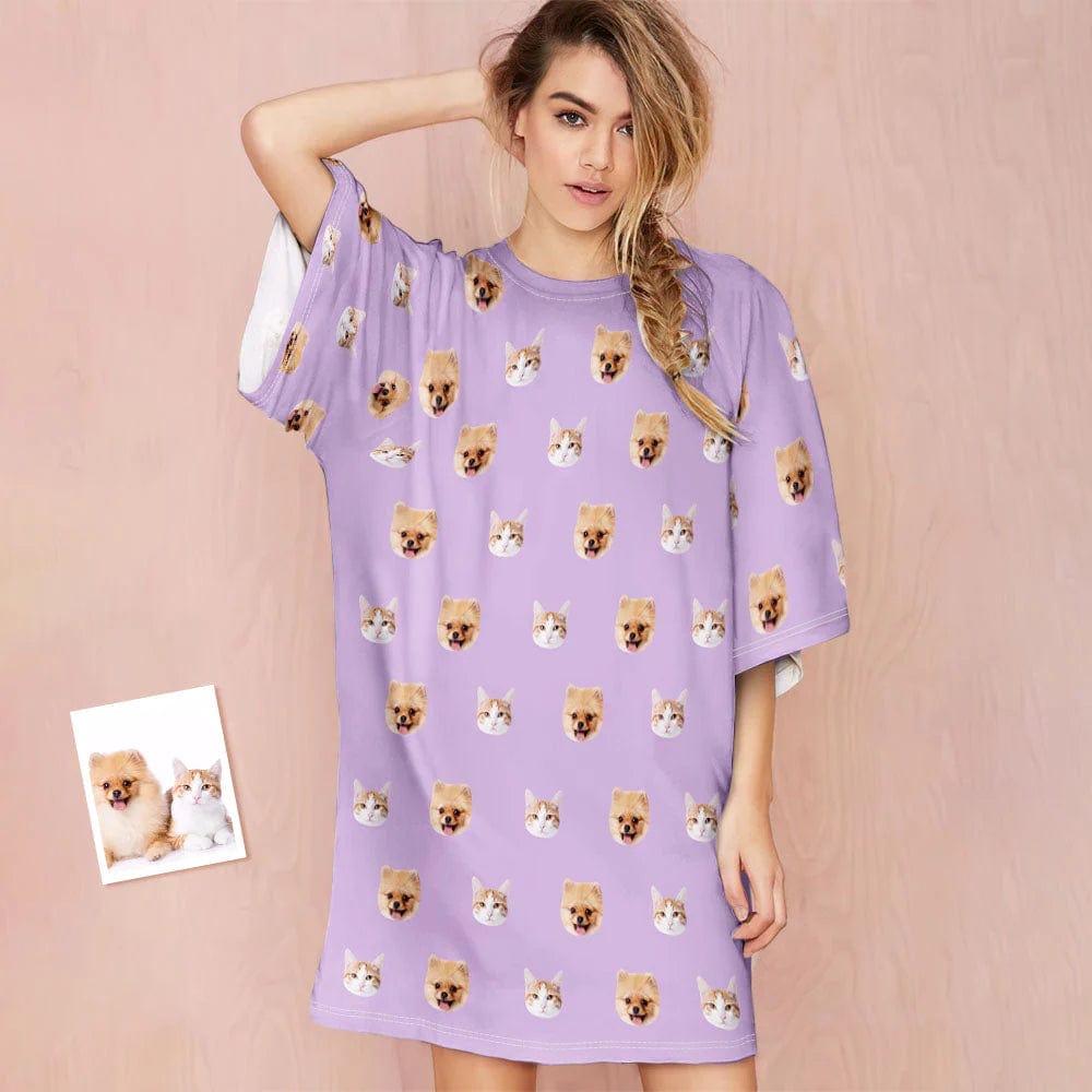 women's nightgowns for a beach vacationPersonalized Pet Faces Multicolor Men Sleepwear&Women's Oversized Sleep Tee Custom Dog Cat Crew Neck Couple Matching Short Pajama Set