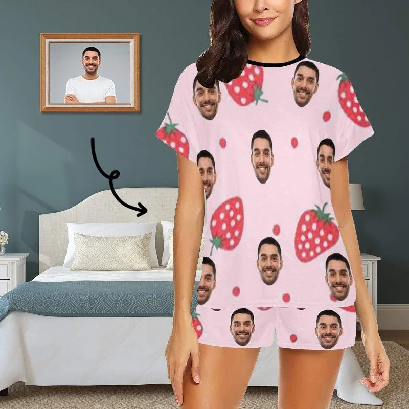 women's nightgowns for a romantic night in[Limited Time Discount - Lowest Price] Custom Face Pajamas Strawberry Sleepwear Personalized Pink Women's Short Pajama Set