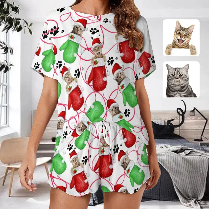 women's nightgowns for a girls' slumber party【Discount - limited time】Custom Pet Face Cat Gloves Paw Print Pajama Set Women's Short Sleeve Top and Shorts Loungewear Athletic Tracksuits