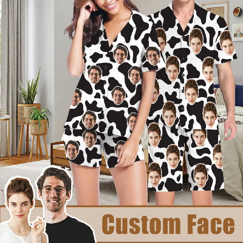 women's sleepshirts with a thermal liningCustom Couples Pajamas Personalized Face Black White Couple Matching V-Neck Short Pajama Set