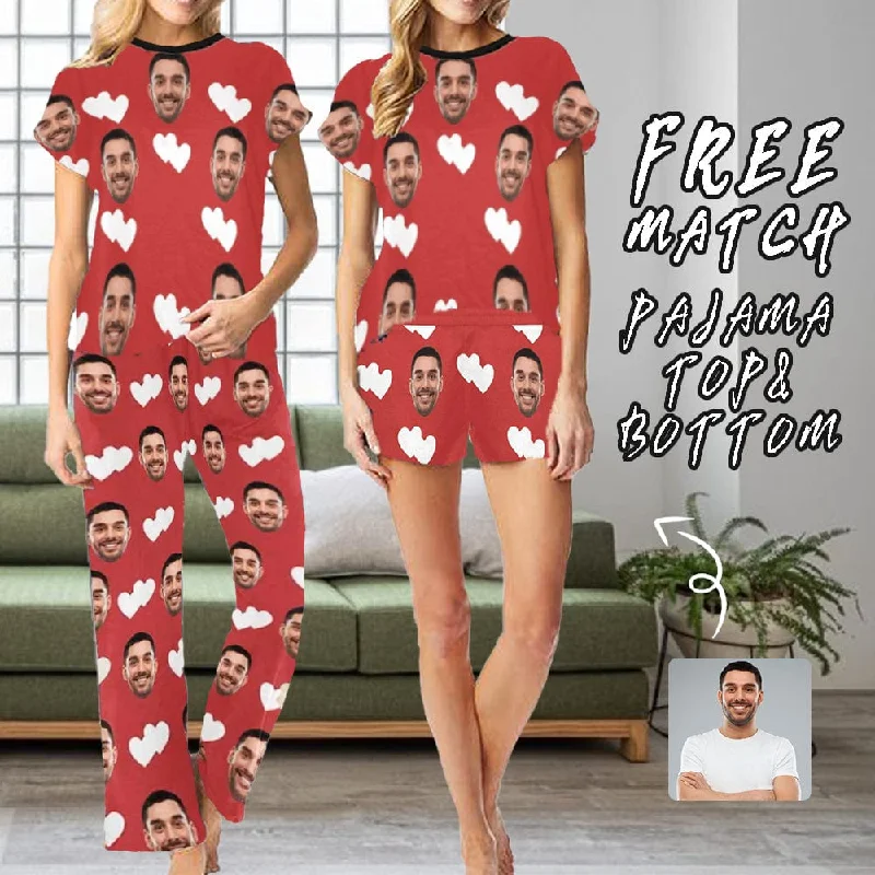 short sleeve women's sleepshirts for summerCustom Husband Face Heart Red Background Sleepwear Personalized Photo Women's Pajama T-Shirt&Shorts&Pants Free Match