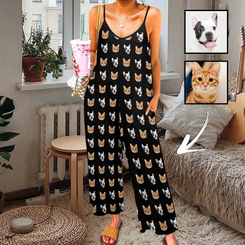 women's nightgowns with a vintage - inspired designPersoanlized Sleepwear Custom Pet Photo Funny Loungewear With Faces On Them Women's Suspender Jumpsuit Loungewear