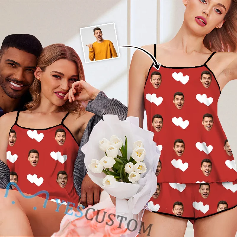 women's sleepshirts for a cozy night by the fireplaceCustom Husband Face Cami Pajamas With Love Red Personalized Women's Nightwear Set Honeymoon Gift for Her