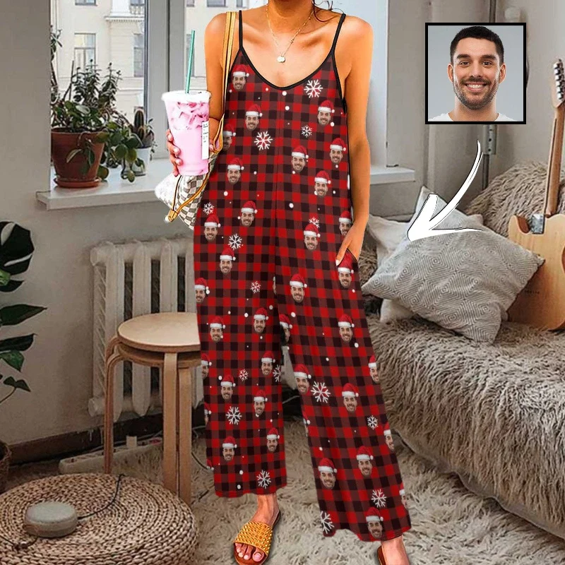 women's nightgowns with a lightweight fabric for warm climatesPersoanlized Sleepwear Custom Photo Funny Loungewear With Faces On Women's Buffalo Check Christmas Hat Suspender Jumpsuit Loungewear