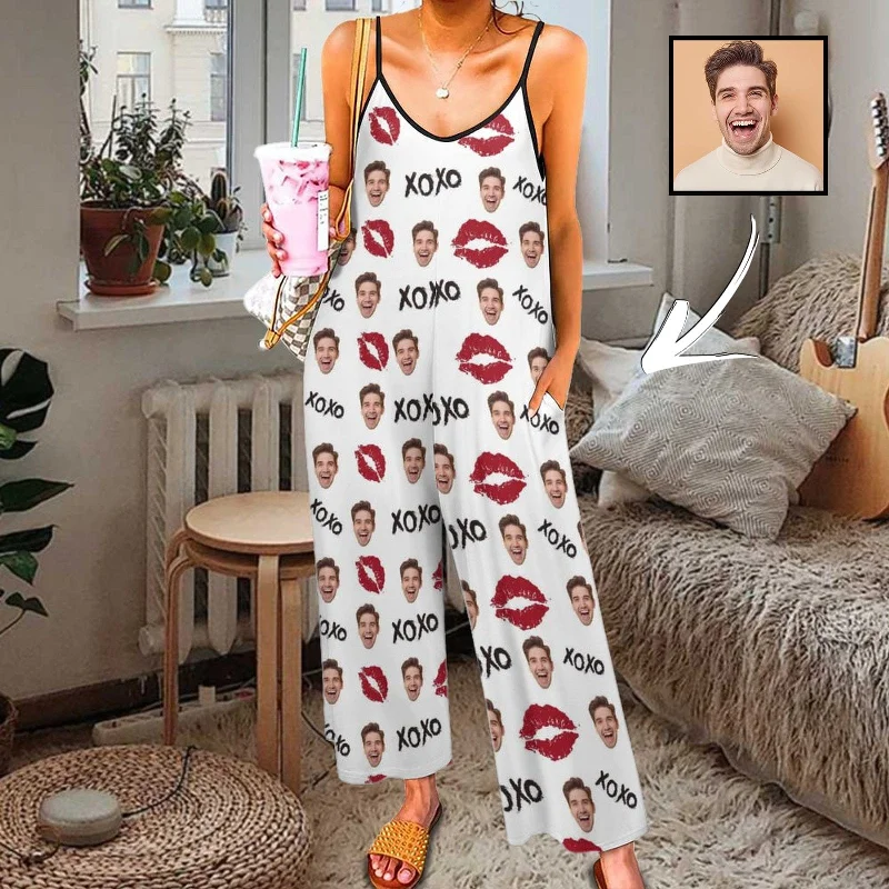 maternity women's nightgowns for expectant momsPersoanlized Sleepwear Custom Photo Funny Loungewear With Faces On Them Women's Red Lips  Suspender Jumpsuit Loungewear