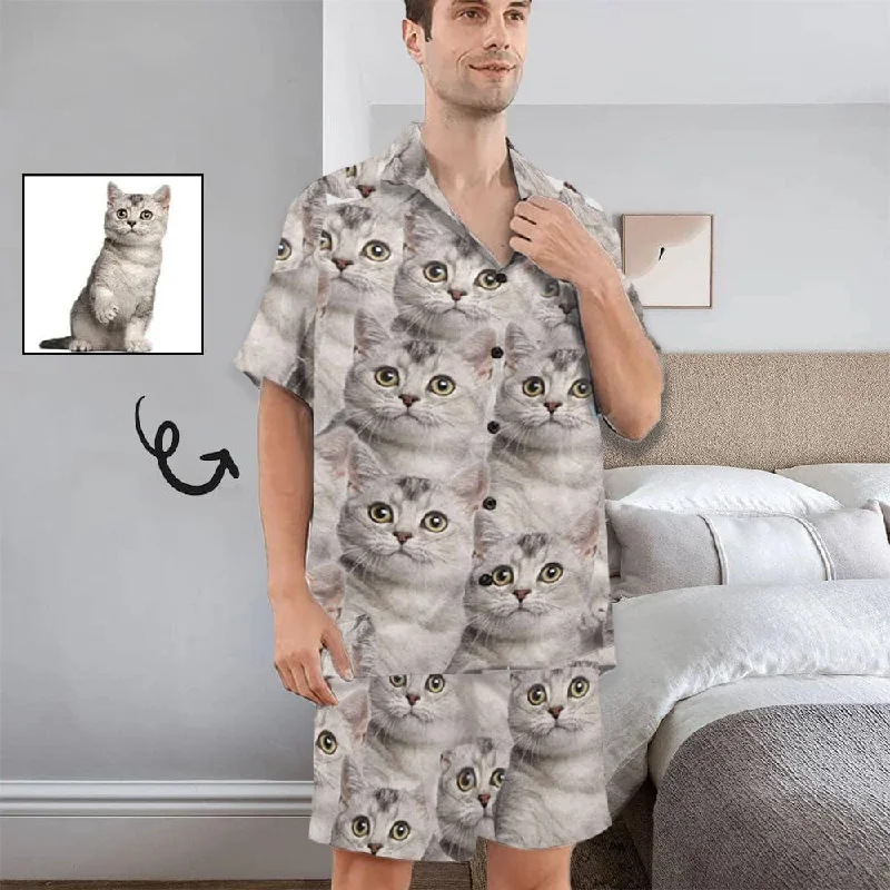 ankle - length women's sleepshirts for extra warmthPersonalized Pet Pajamas Summer Loungewear Custom Photo Cat Seamless Men's V-Neck Short Sleeve Pajama Set