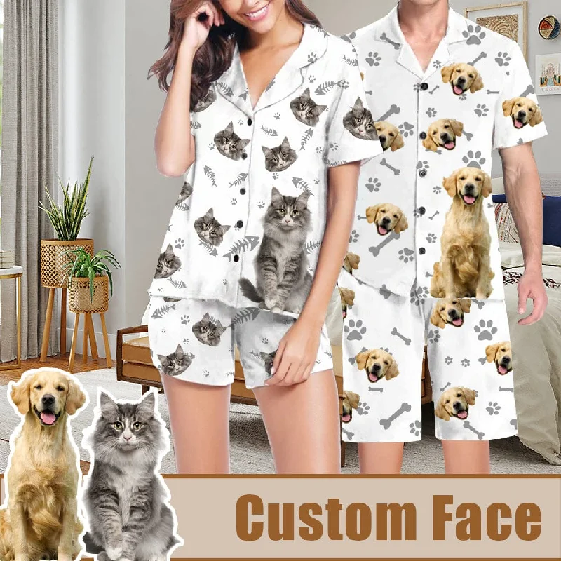 women's sleepshirts with a moisture - wicking fabricCustom Pet Matching Pajamas Personalized Face Dog&Cat Couple Matching V-Neck Short Pajama Set Gifts for Couples