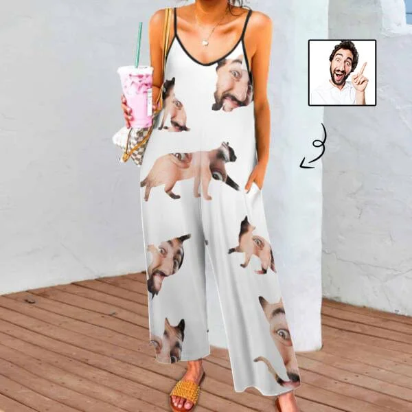 fitted women's sleepshirts for a more tailored lookPersoanlized Sleepwear Custom Face Loungewear with Photo On Them Cat Shape Women's Suspender Jumpsuit Loungewear