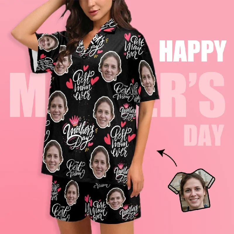 maternity women's nightgowns for expectant momsCustom Face Love MOM Women's V-Neck Short Pajama Set Mother's Day & Birthday Gift