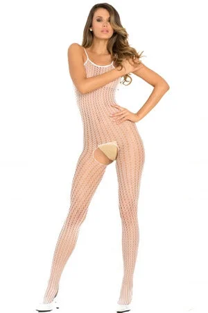 White Crotchless Quarter Crochet Net Bodystocking