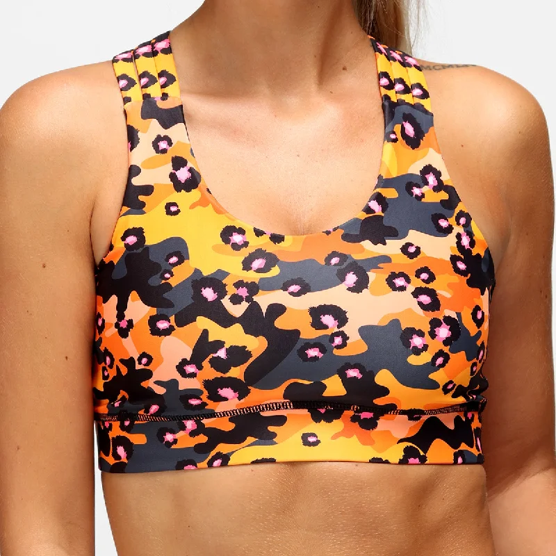 racerback women sport bra for freedom of movementOrange Leopard Camo Cross Back Bra