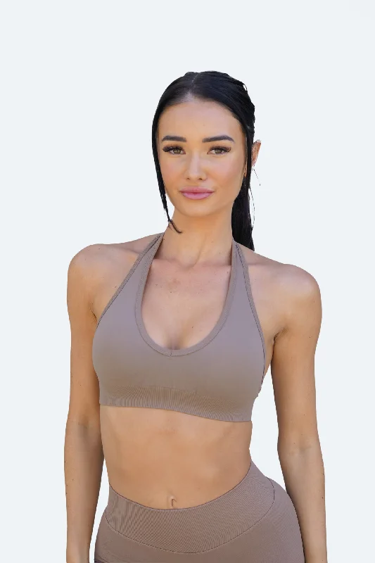 sequined women sport bra for a sparkly effectRECOIL HALTER CROP - COFFEE