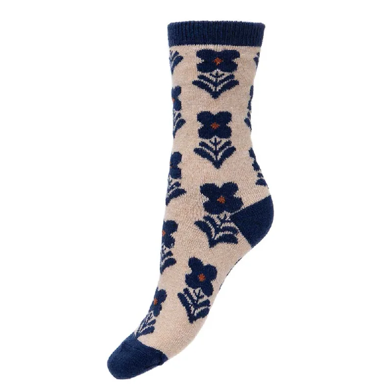 Cream wool blend socks with blue flowers