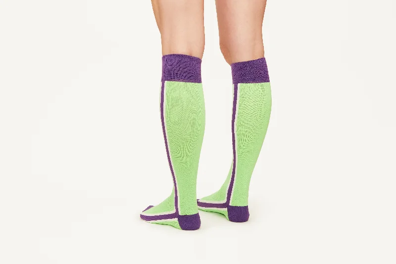 ELLA - Neon Green/Purple Double Side Stripes Cotton Knee Socks