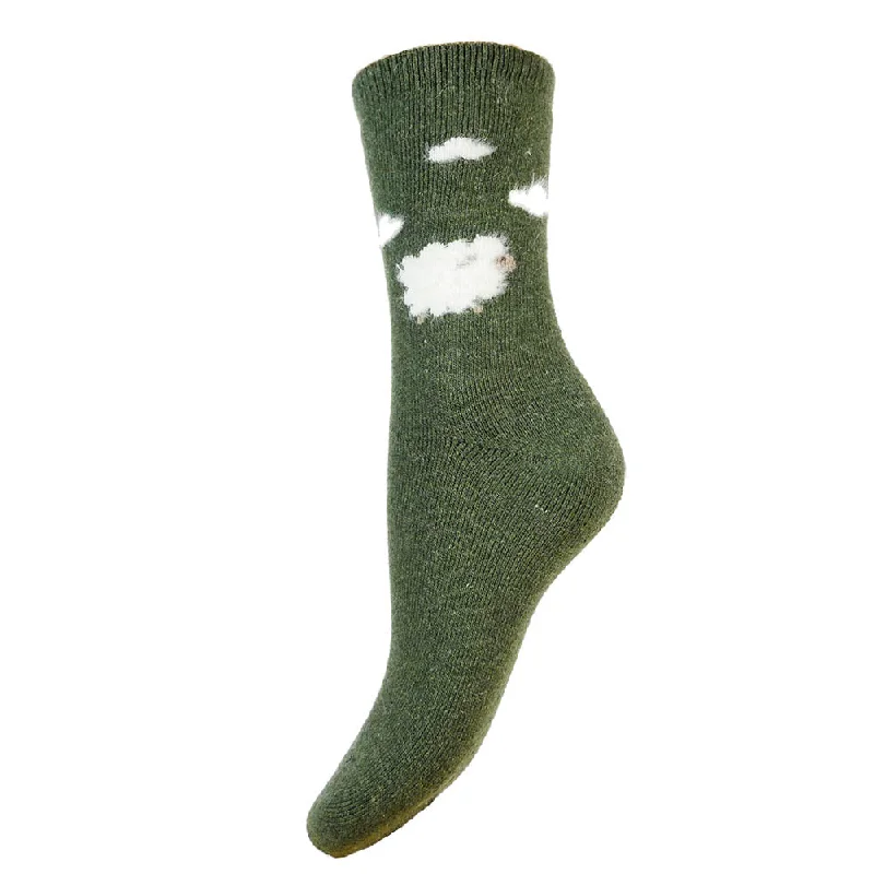 Green fluffy sheep and clouds wool blend socks