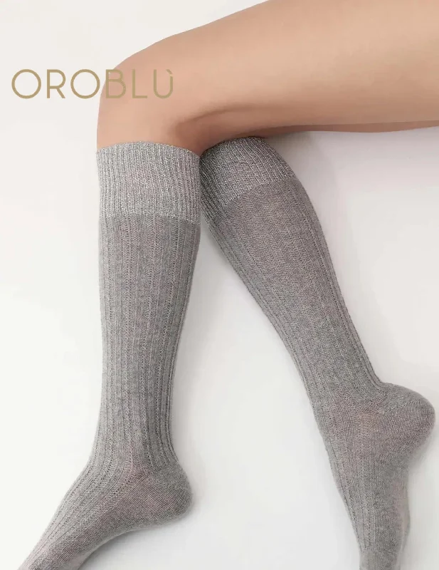 Oroblu Jasmine Aplaca Wool & Cotton Knee High Socks Grey Melange VOBFAF10K0